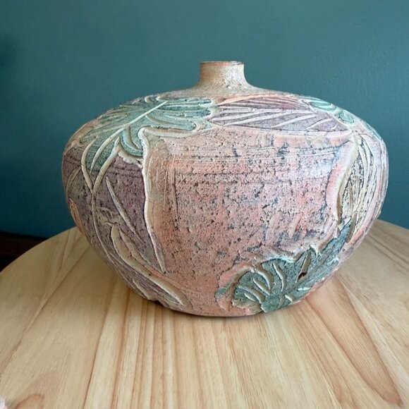 Handcrafted Thai Ceramic Vase With Leaf Relief Design - 7" Tall X 8" Wide - Mult - Picture 4 of 10
